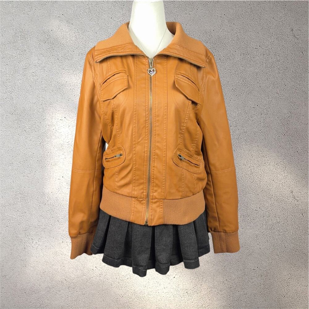 Zenana Outfitters Vegan Leather Moto Bomber Jacket Women’s L Tan Biker Y2K Chic